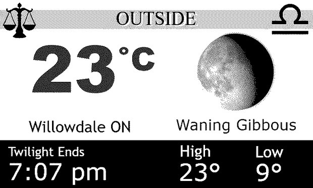 Canary showing 23&deg;C outside in Willowdale, a waning gibbous moon, twilight ending at 7:07 pm and the day&rsquo;s high and low, with the sign of Libra in the corners, all pulled off the web.