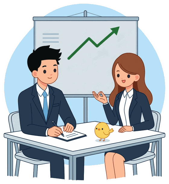 An illustration of two people in a meeting with a Canary on the table and a rising chart on the board behind them.