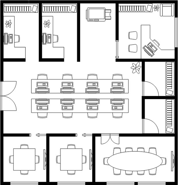 A floor plan of an office: two private offices and a corner office along the top, two rows of open-plan desks in the middle, and two small meeting rooms and a boardroom along the bottom.