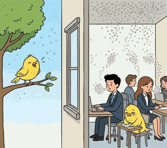 An illustration split by a wall with a closed window. Outside, a canary sings on a branch in air with only a few scattered specks of carbon dioxide. Inside, office workers breathe out puffs that fill the room with specks, and a second canary slumps drowsily at a desk.