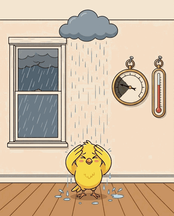 An illustration of weather indoors. A storm rages outside a closed window, yet a raincloud hangs inside the room and rains on a drenched canary clutching its head with both wings. On the wall, a barometer's needle points into its storm zone and a thermometer reads high.