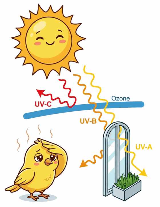 A diagram of sunlight reaching the earth. UV-C reflects off the ozone layer. UV-B passes through the ozone layer but is stopped by window glass, bouncing off it towards a bird outdoors who is wilting in the heat. UV-A passes through the glass to a planter of grass indoors.