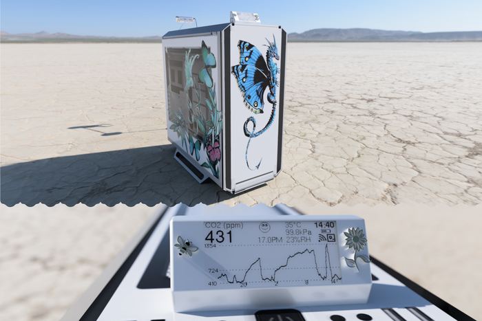 A concept render of a white PC case painted with a blue dragon and butterflies, with an e-paper air quality display mounted on the front.