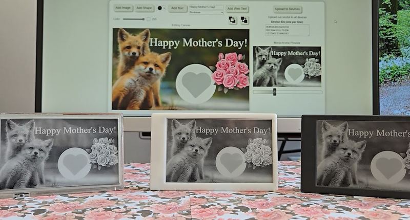 Three Canary units on a table all showing an uploaded Happy Mother's Day photo, with the upload tool open on the monitor behind them.