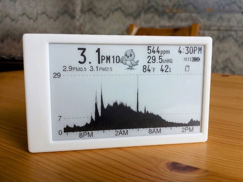 A Canary in a white case on a wooden table, showing a long overnight particulate hump.