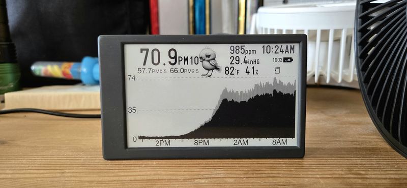 A Canary on a desk next to an air purifier, its particulate trace climbing steeply overnight to 70.9 PM10.