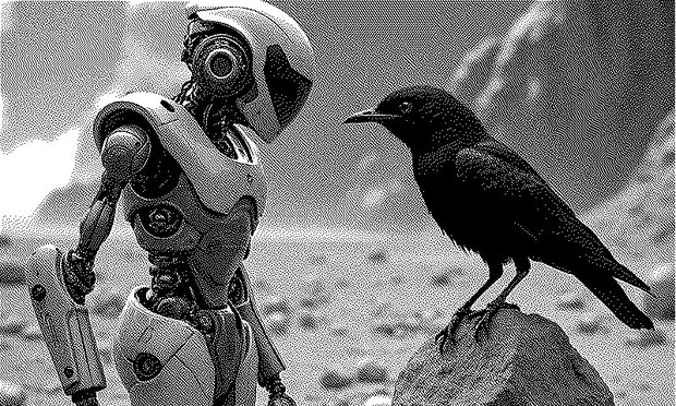 Canary displaying a dithered black and white photograph of a bird beside a robot.